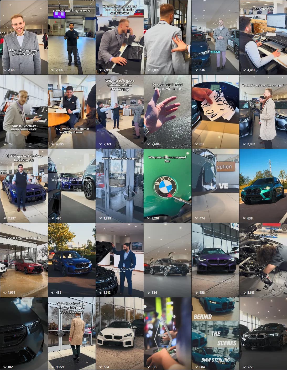 Instagram reels grid for BMW of Sterling — dealership social content produced by ABMG
