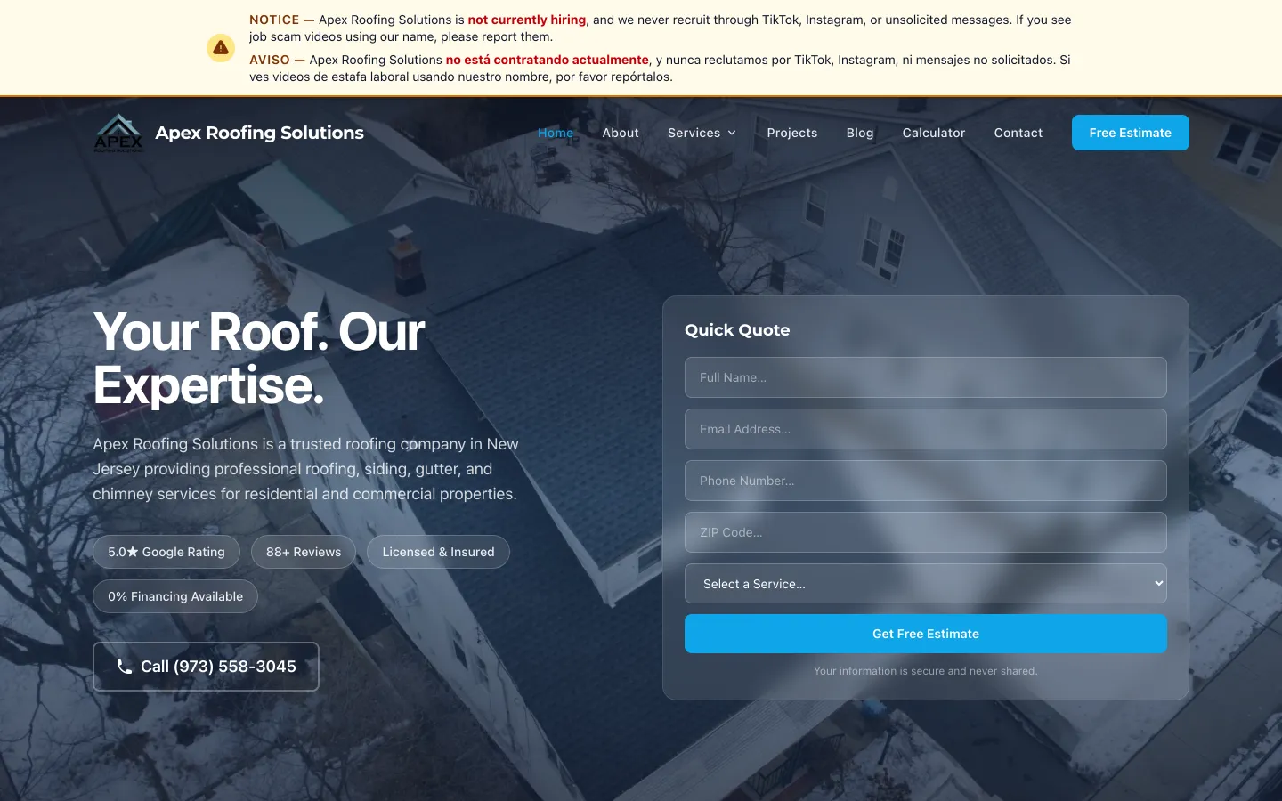 Apex Roofing website designed by ABMG